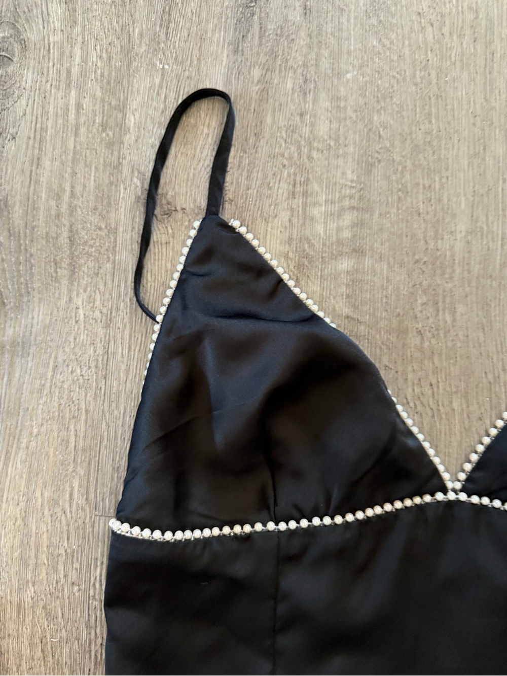 Bobbles & Lace Black Satin Slip Mini Dress Pearl Trim V-Neck NWT Size L